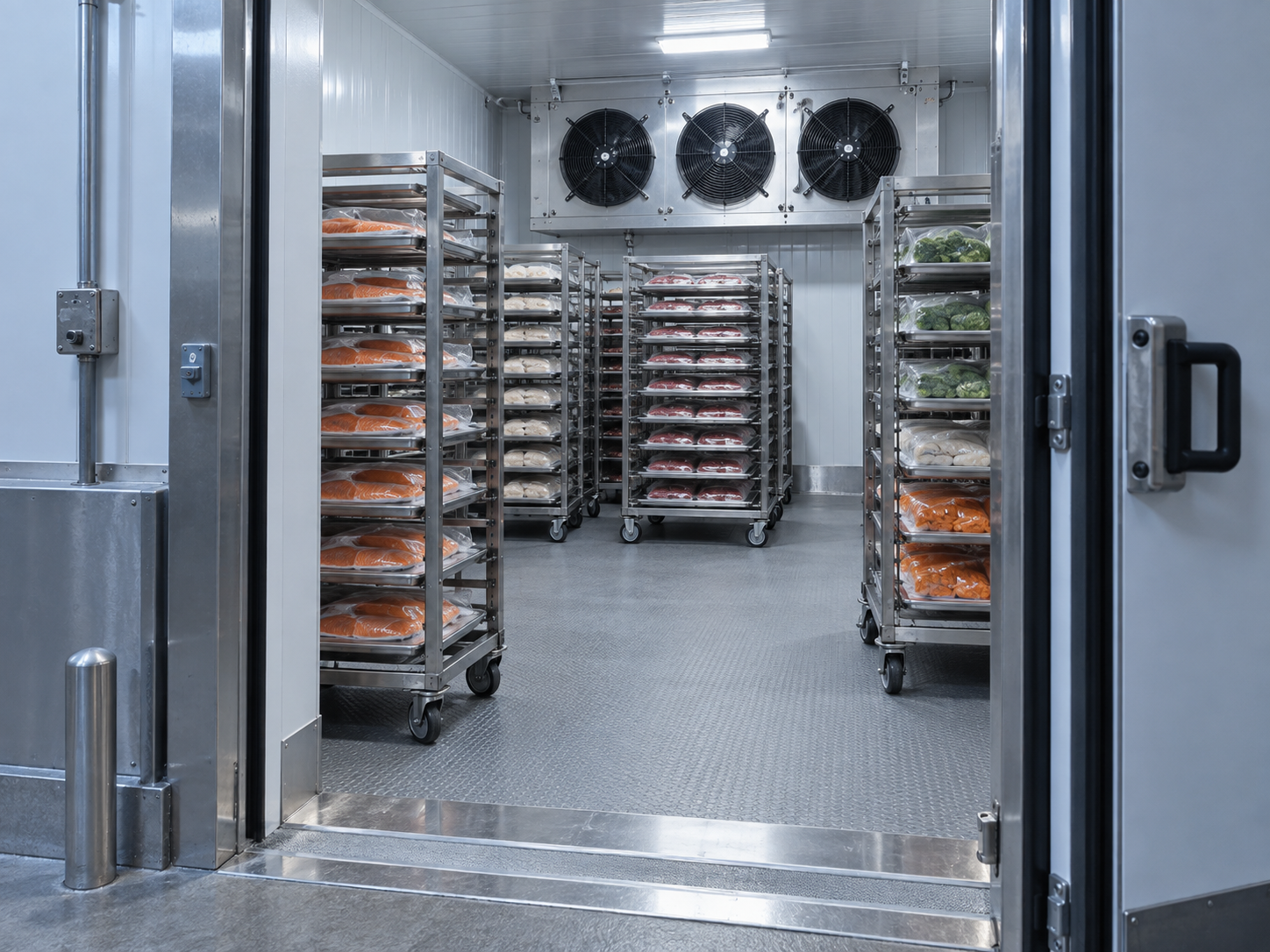 Close view of the evaporator fan bank above product racks