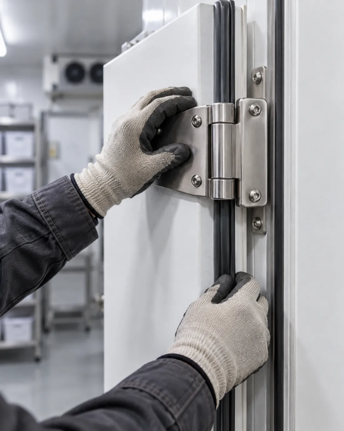 Gloved hands checking an insulated door hinge and seal
