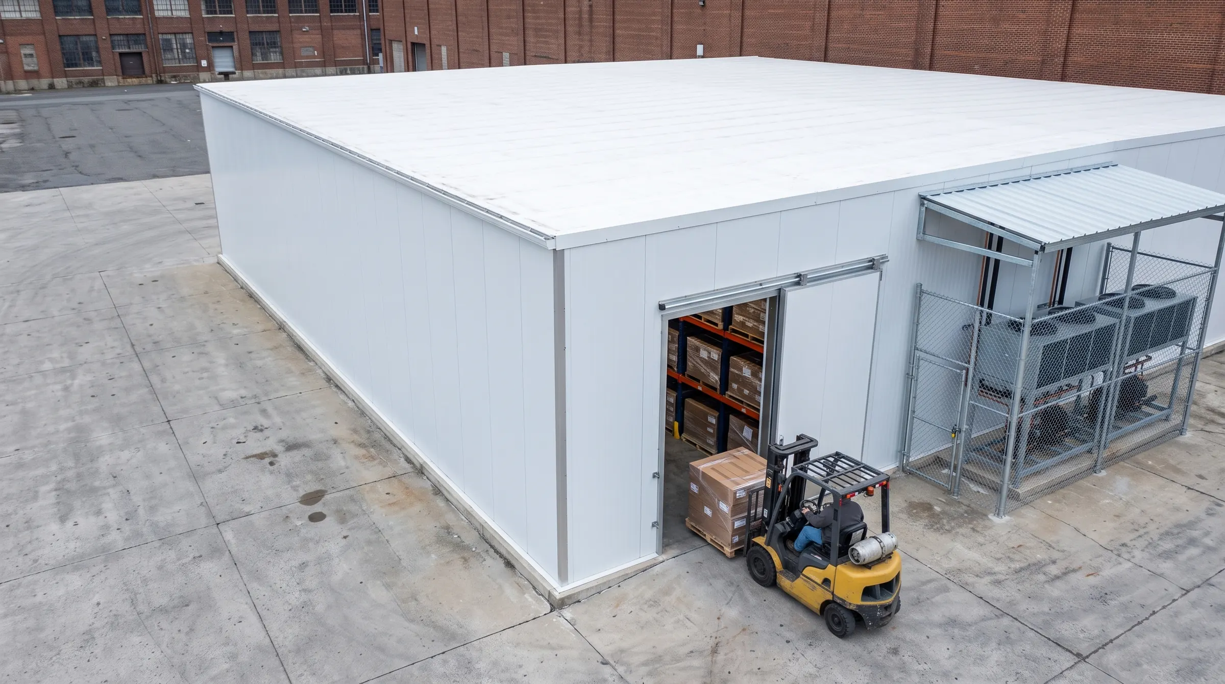 Outdoor refrigeration bank beside the insulated cold room